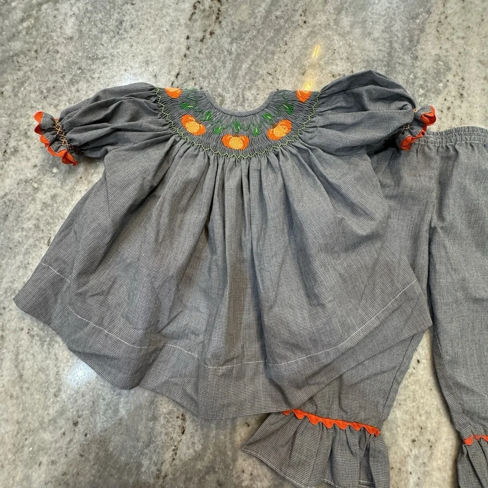 Remember Nguyen Smocked Pumpkin Gingham Set Top Flare Pants Girls 12 M Harvest